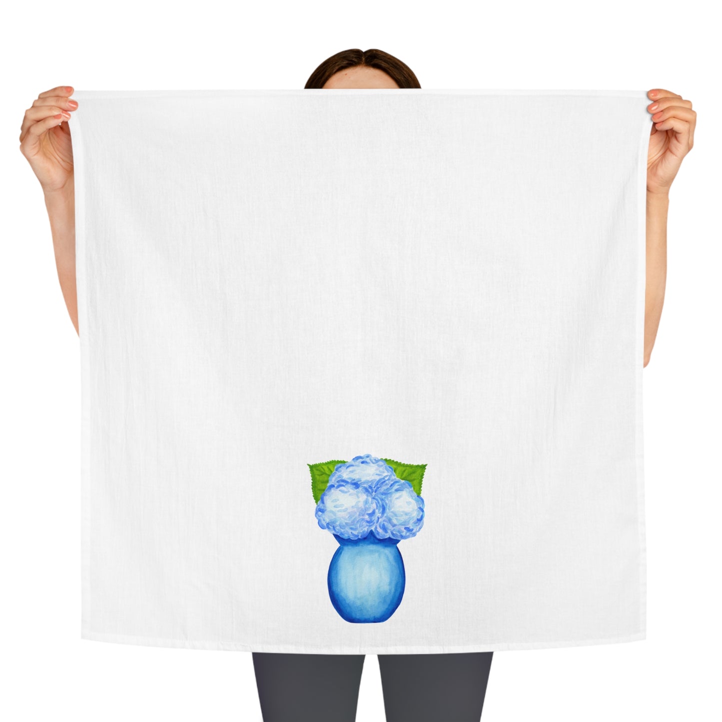 Tea Towel | Blue Watercolor Hydrangeas in Blue Vase Printed Illustration | Preppy Coastal Grand Millennial Kitchen Decor