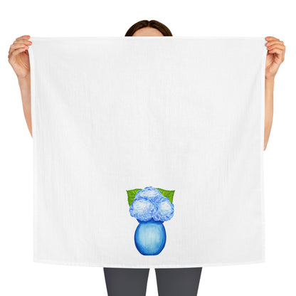 Tea Towel | Blue Watercolor Hydrangeas in Blue Vase Printed Illustration | Preppy Coastal Grand Millennial Kitchen Decor