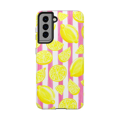 Pink Lemonade Yellow Lemons with Pink & White Watercolor Stripes Tough Phone Case