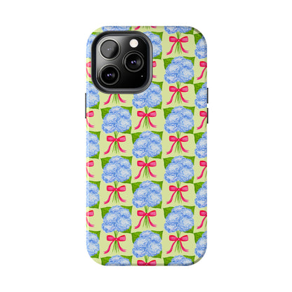 Blue Watercolor Hydrangea Bouquets with Hot Pink Bows Illustrated Patterned Yellow Preppy Grand Millenial Tough Phone Case | Various Models