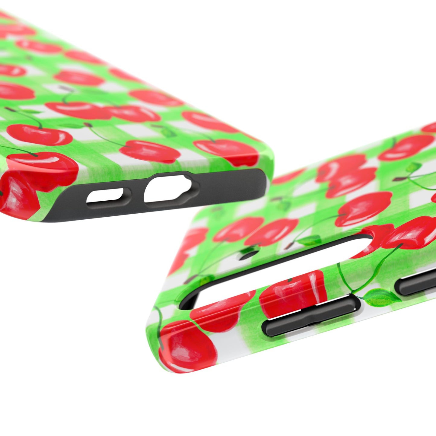 Red Tossed Cherries Green Gingham Watercolor Illustrated Tough Phone Case | Various Models Available