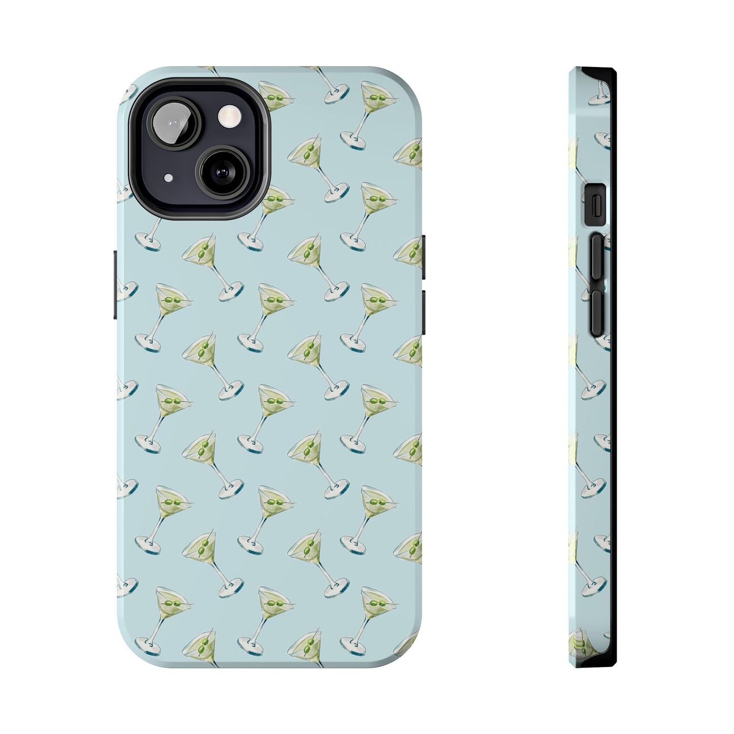 Blue Mini Martini Watercolor Illustrated Tossed Pattern Tough Phone Case | Various Models Available iPhone 13