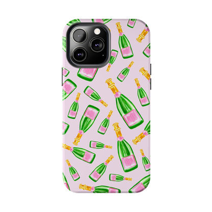 Tossed Pink and Green Watercolor Illustrated Champagne Bottles Pattern Blush Pink Tough Phone Case | Various Models