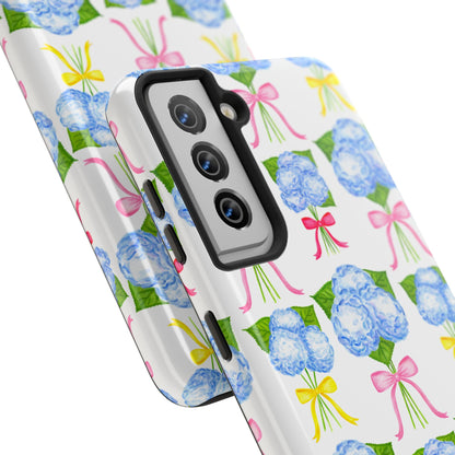 Blue Hydrangeas with Hot Pink, Yellow, Light Pink Bows Watercolor Illustrated Patterned Tough Phone Case | Various Models