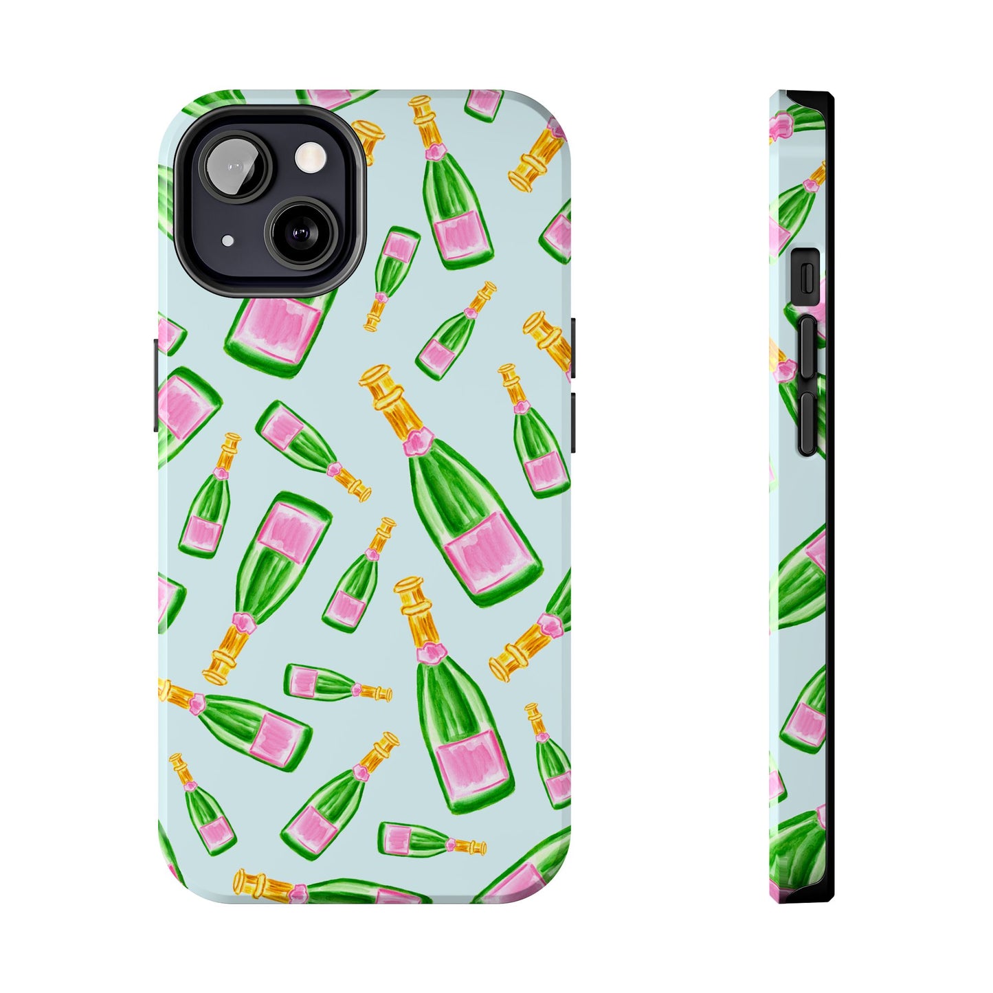 Tossed Pink and Green Watercolor Illustrated Champagne Bottles Pattern Light Blue Tough Phone Case | Various Models