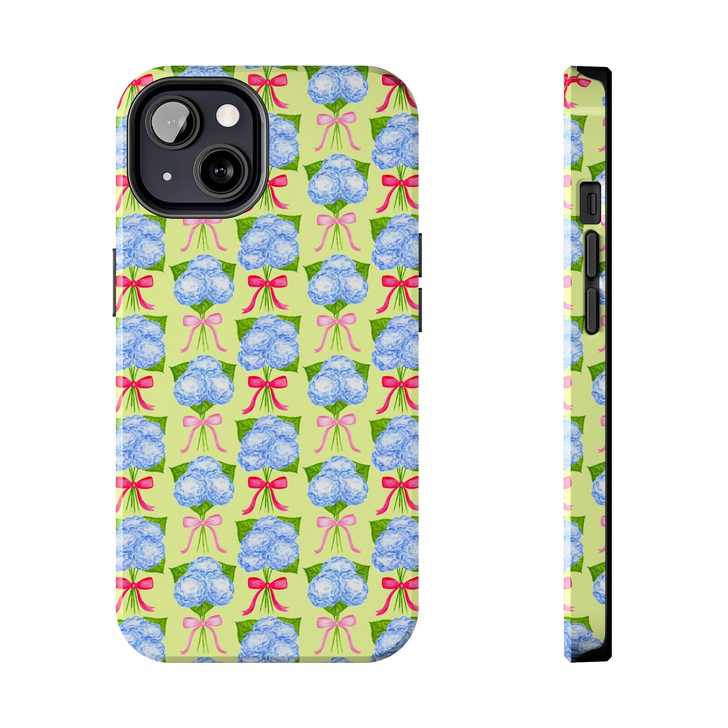 Watercolor Blue Hydrangea Bouquets with Hot Pink and Light Pink Bow Ribbons Illustrated Pattern Yellow Tough Phone Case | Various Models