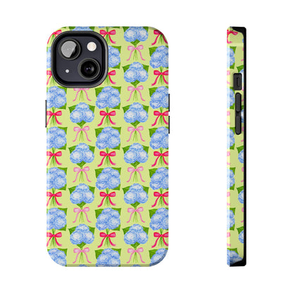 Watercolor Blue Hydrangea Bouquets with Hot Pink and Light Pink Bow Ribbons Illustrated Pattern Yellow Tough Phone Case | Various Models