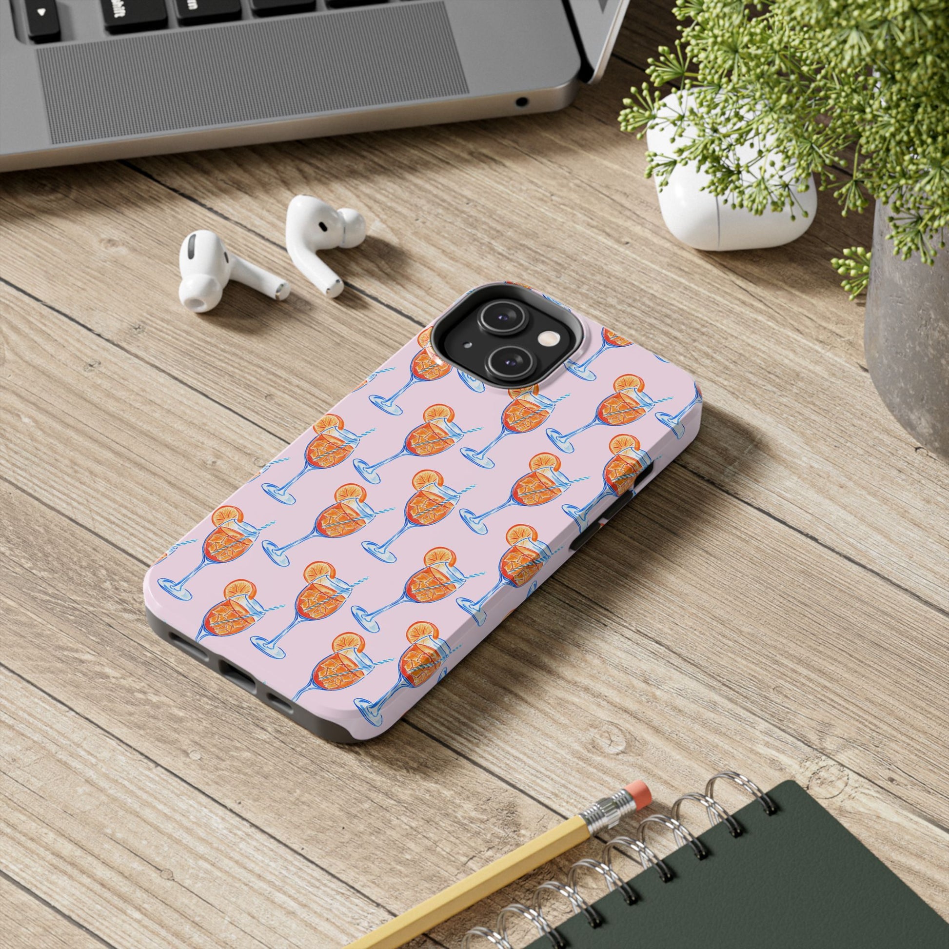 Orange & Blue Aperol Spritz Watercolor Patterned Blush Pink Tough Phone Case | Various Models