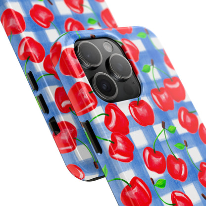 Tossed Red Cherries Blue Gingham Checkered Watercolor Illustrated Tough Phone Case | Various Models