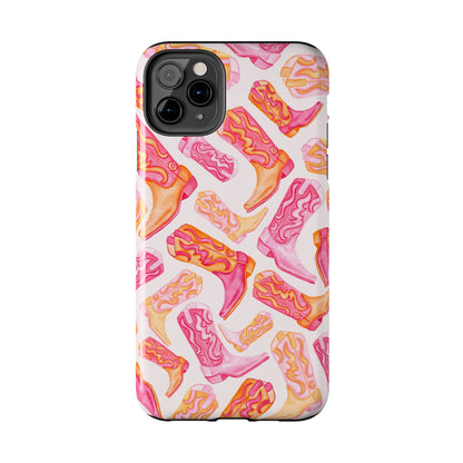 Tossed Hot Pink & Orange Watercolor Cowboy Boots Tough Light Pink Phone Case | Various Models Available