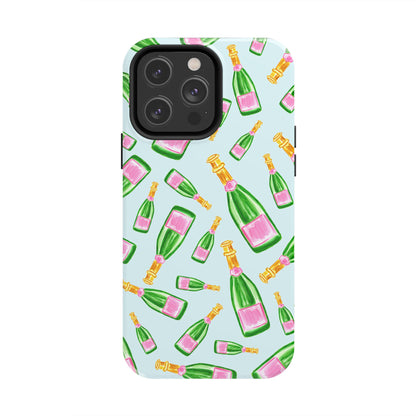 Tossed Pink and Green Watercolor Illustrated Champagne Bottles Pattern Light Blue Tough Phone Case | Various Models