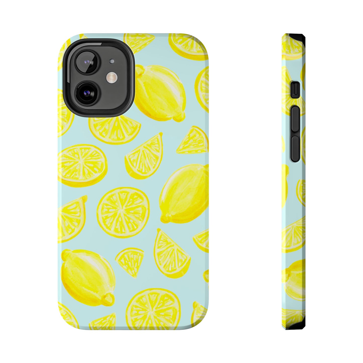 Bright Yellow Lemons Watercolor Illustrated Tossed Pattern Light Blue Tough Phone Case | Various Models