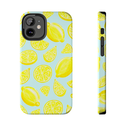 Bright Yellow Lemons Watercolor Illustrated Tossed Pattern Light Blue Tough Phone Case | Various Models