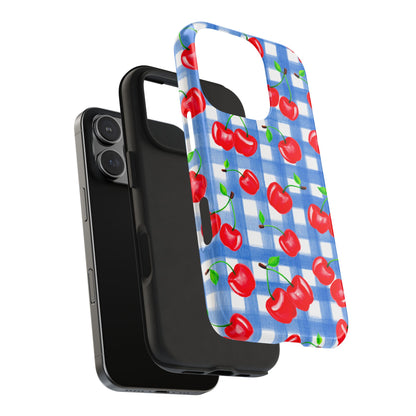 Tossed Red Watercolor Illustrated Cherries Light Blue Gingham Tough Phone Case | Various Models
