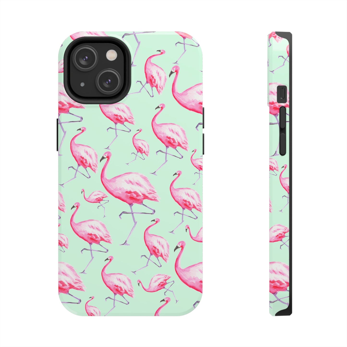 Pink Flamingos Watercolor Illustrated Tossed Pattern Green Phone Case | Various Models iPhone 14
