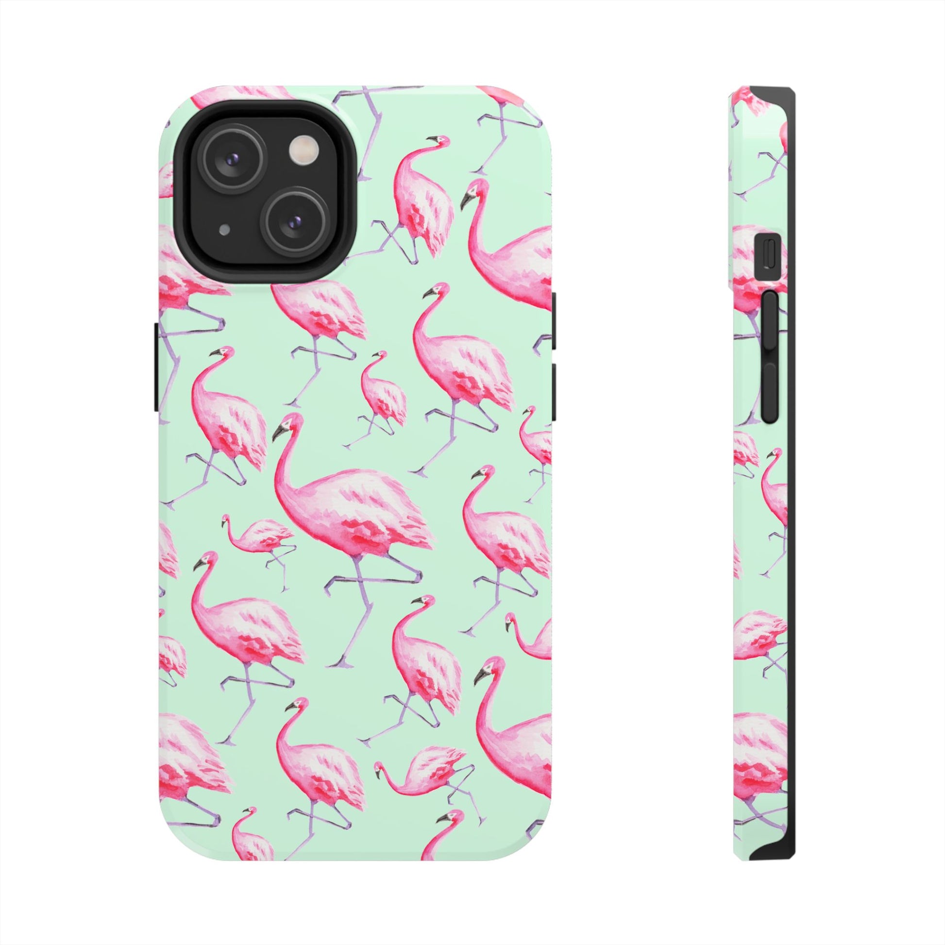 Pink Flamingos Watercolor Illustrated Tossed Pattern Green Phone Case | Various Models iPhone 14