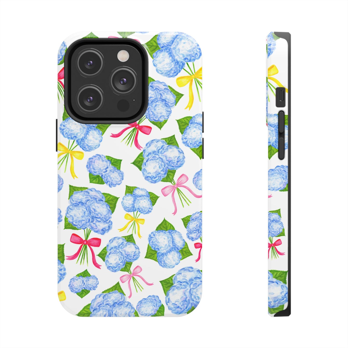 Blue Watercolor Hydrangea Bunches with Hot Pink, Yellow, Light Pink Bows Illustrated Patterned Tough Phone Case | Various Models