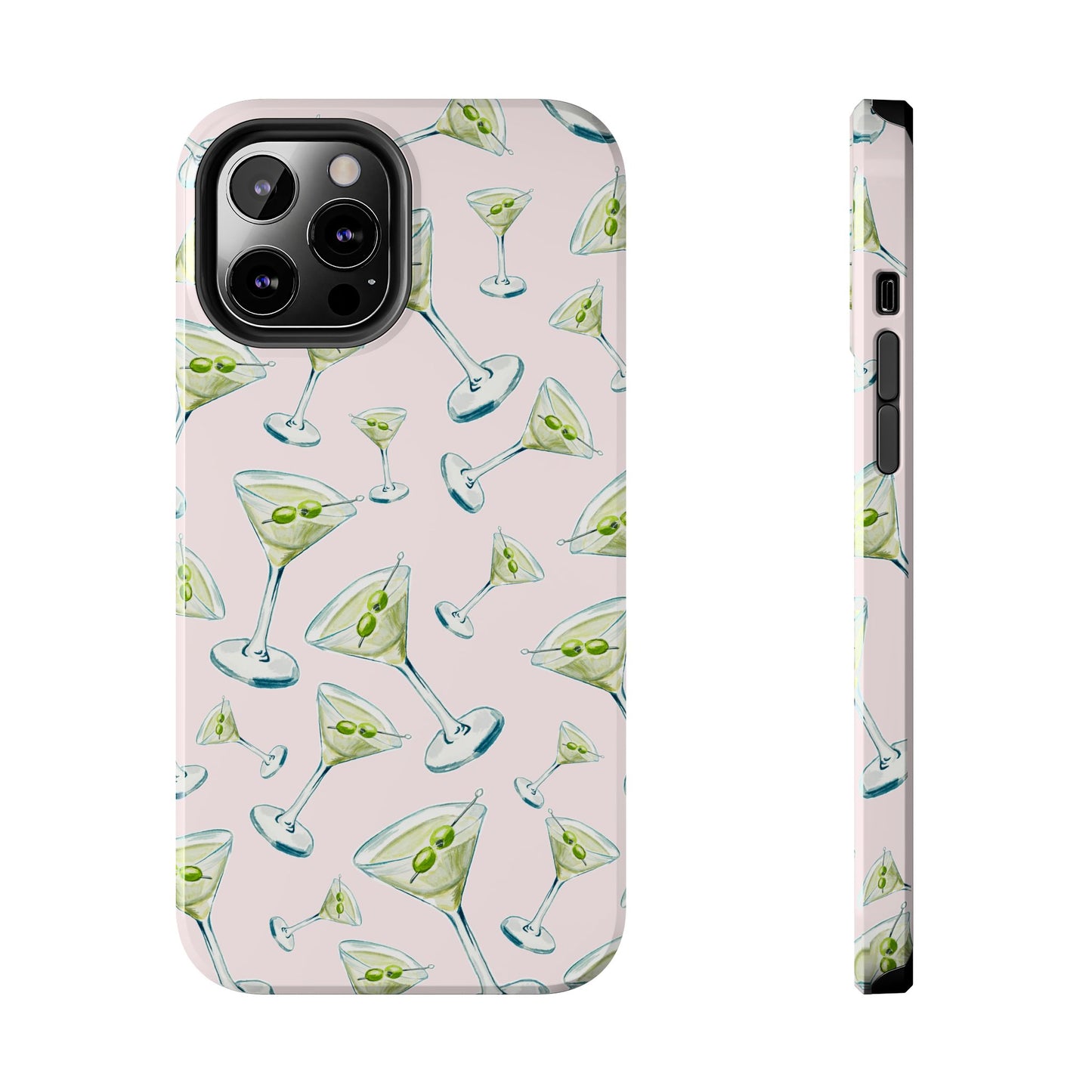 Watercolor Blue and Green Martinis Tossed Illustrated Pattern Blush Pink Tough Phone Case | Various Models