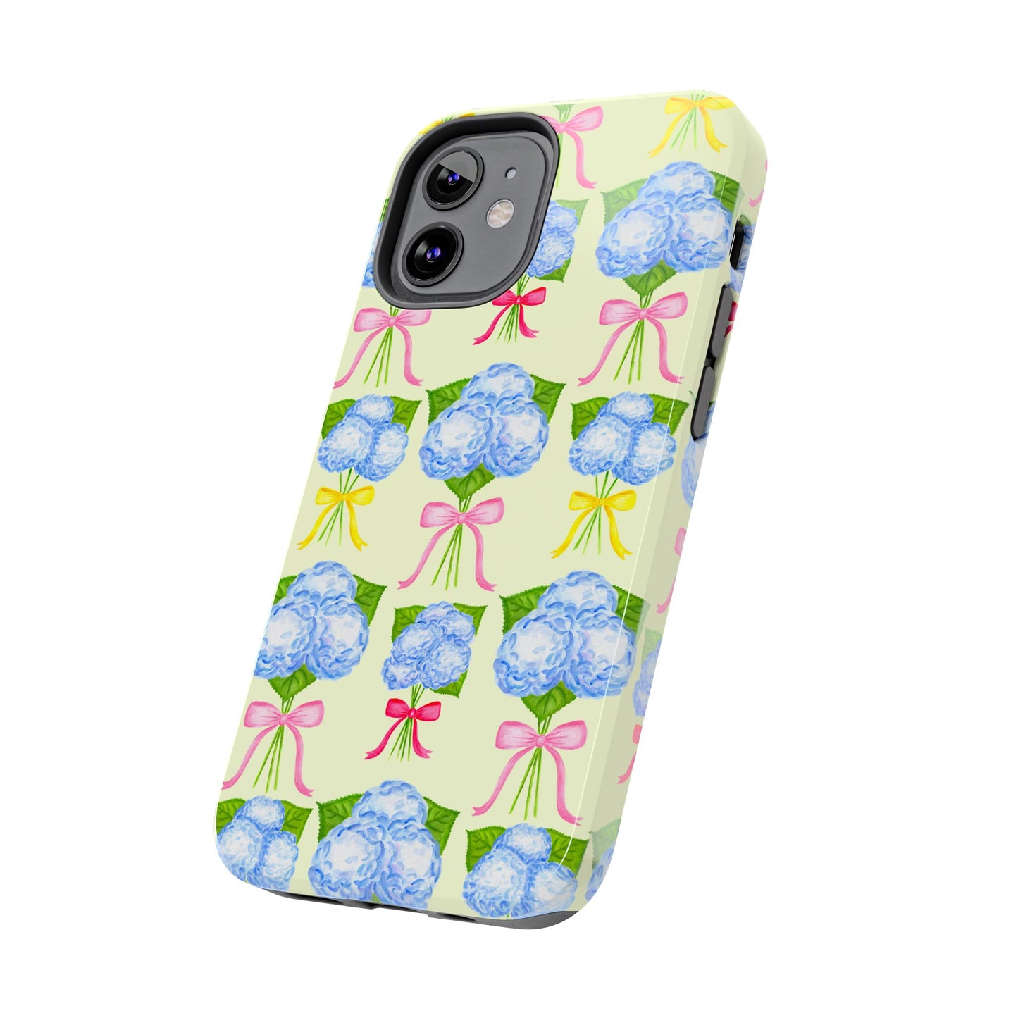 Blue Hydrangeas with Hot Pink, Yellow, Light Pink Bows Watercolor Illustrated Patterned Light Yellow Tough Phone Case | Various Models