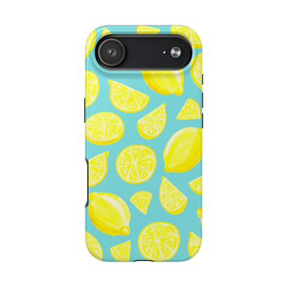 Bright Yellow Lemons Watercolor Illustrated Tossed Pattern Turquoise Blue Tough Phone Case | Various Models