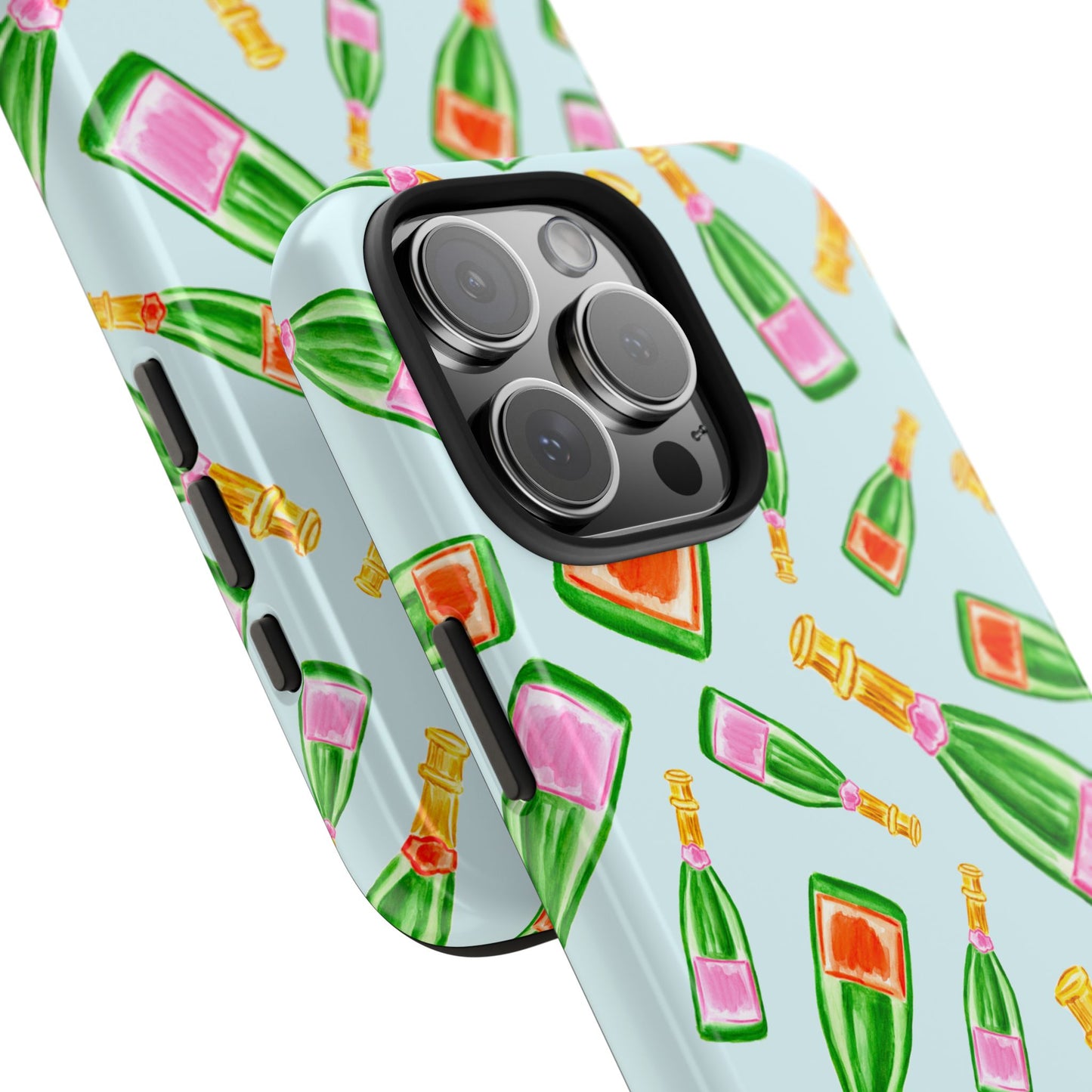 Tossed Pink and Green & Orange and Green Watercolor Illustrated Champagne Bottles Pattern Light Blue Tough Phone Case | Various Models