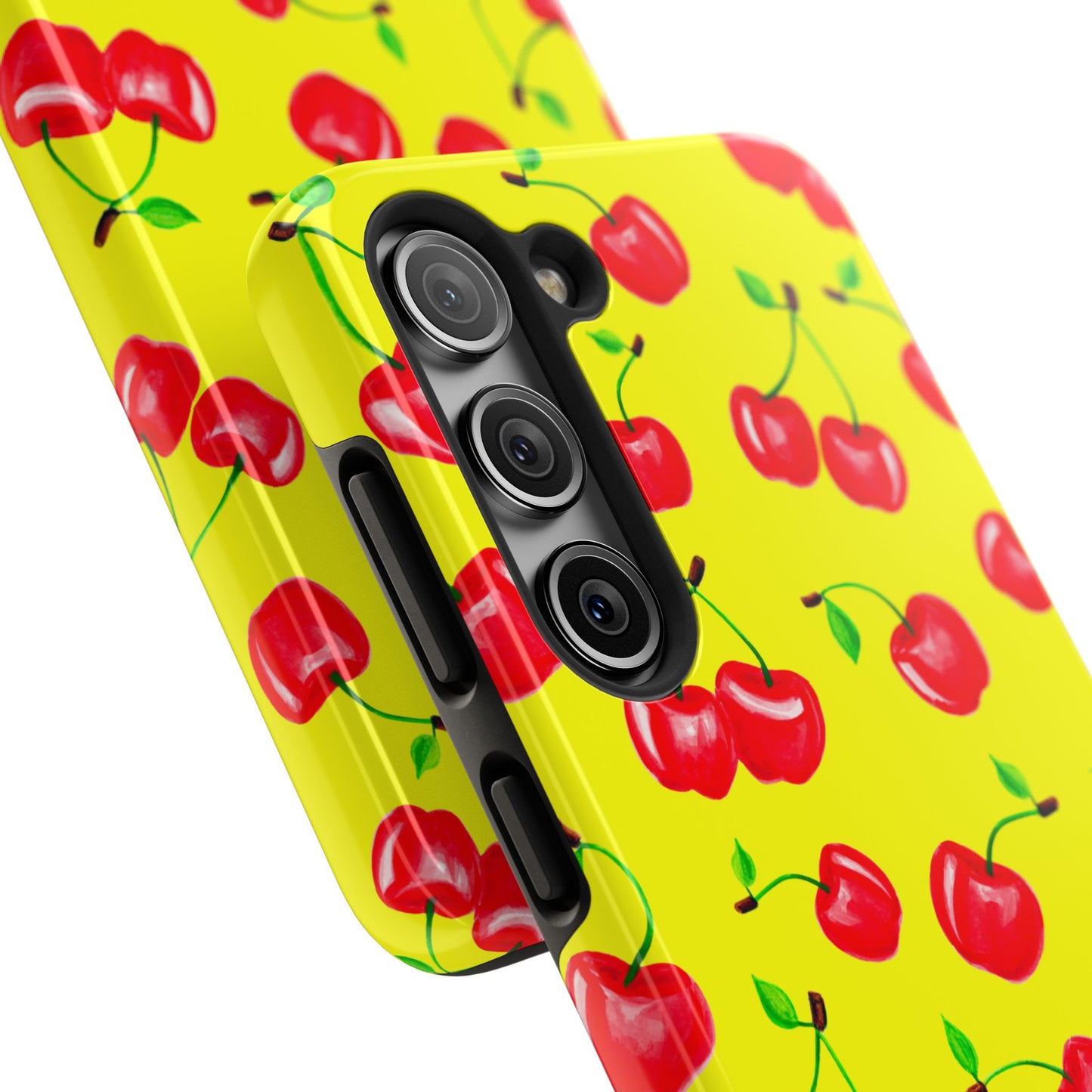 Tossed Red Watercolor Cherries Illustrated Pattern Bright Yellow Tough Phone Case | Various Models