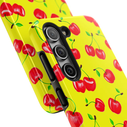 Tossed Red Watercolor Cherries Illustrated Pattern Bright Yellow Tough Phone Case | Various Models
