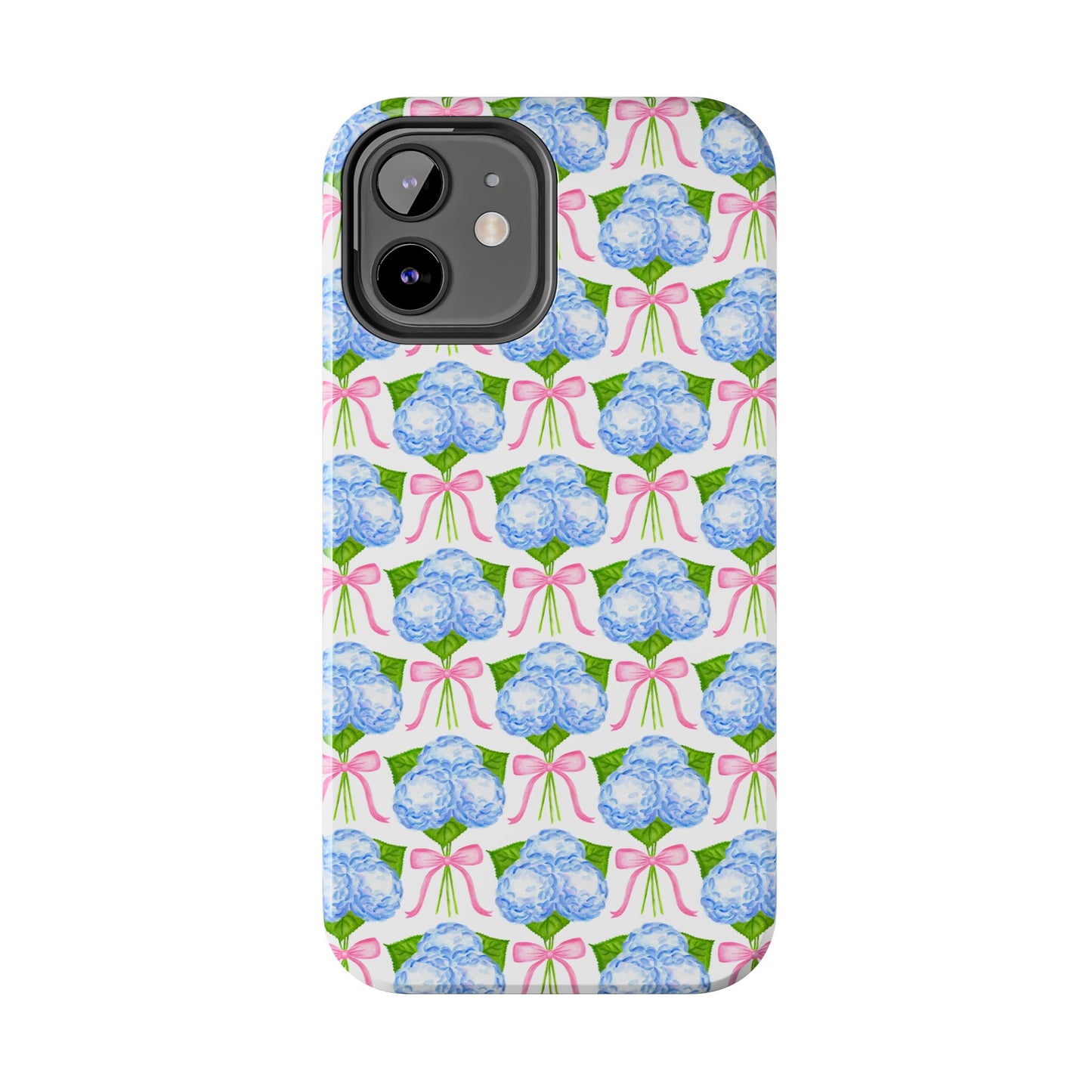 Blue Watercolor Hydrangea Bouqets with Light Pink Bows Watercolor Illustrated Patterned Tough Phone Case | Various Models
