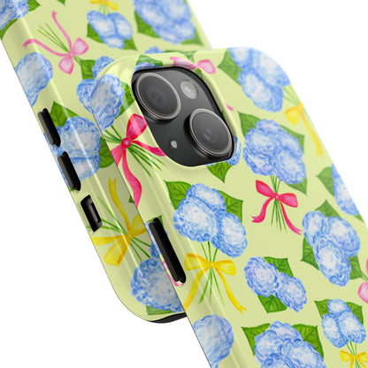 Blue Watercolor Hydrangea Bunches with Hot Pink, Yellow, Light Pink Bows Illustrated Patterned Yellow Tough Phone Case | Various Models