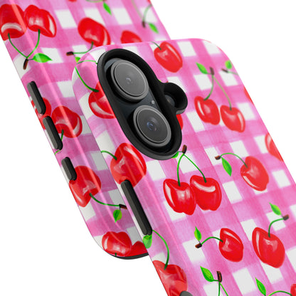 Tossed Red Watercolor Cherries Illustrated Pattern Light Pink Gingham Tough Phone Case | Various Models