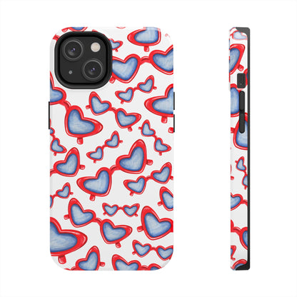 Red, White, & Blue Heart Shaped Watercolor Sunglasses Tossed Pattern Tough Phone Cases iPhone 14