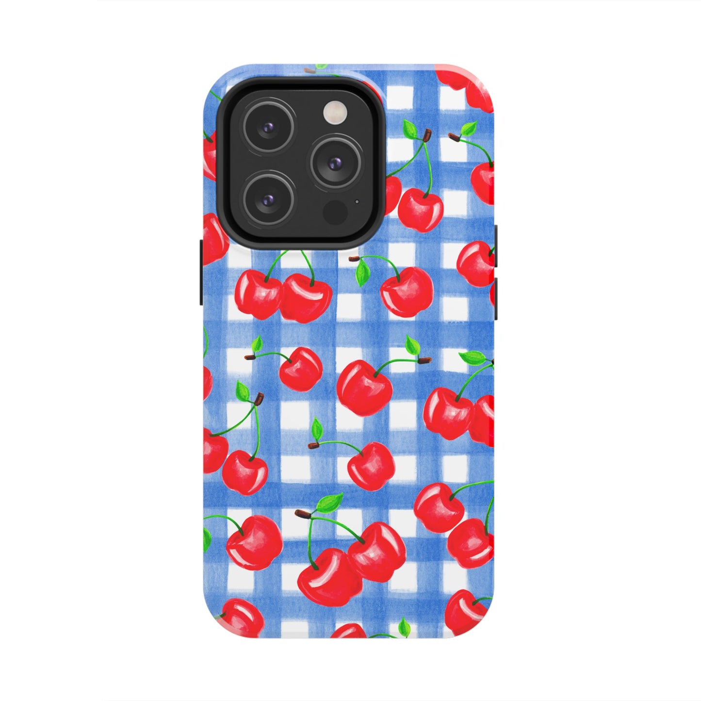 Tossed Red Watercolor Illustrated Cherries Light Blue Gingham Tough Phone Case | Various Models
