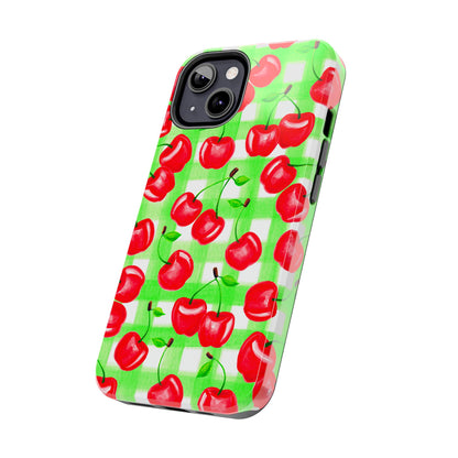 Red Tossed Cherries Green Gingham Watercolor Illustrated Tough Phone Case | Various Models Available