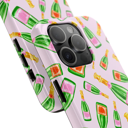 Tossed Pink and Green & Orange and Green Watercolor Illustrated Champagne Bottles Pattern Blush Pink Tough Phone Case | Various Models