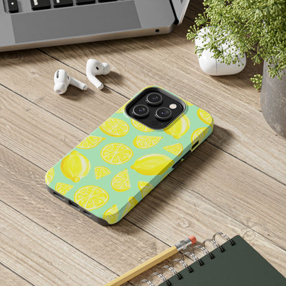 Bright Yellow Lemons Watercolor Illustrated Tossed Pattern Mint Green Tough Phone Case | Various Models