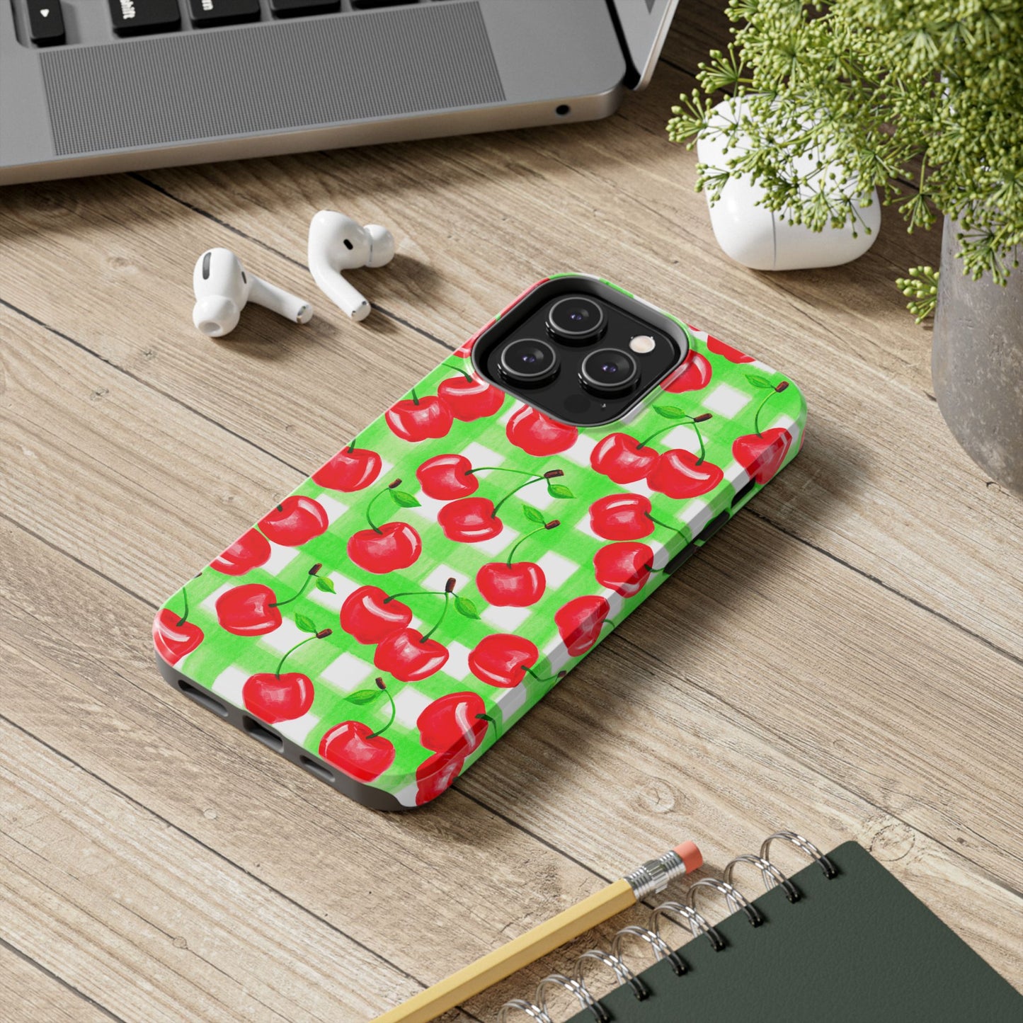 Red Tossed Cherries Green Gingham Watercolor Illustrated Tough Phone Case | Various Models Available
