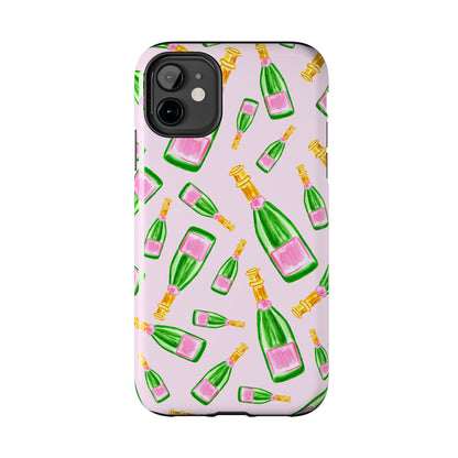 Tossed Pink and Green Watercolor Illustrated Champagne Bottles Pattern Blush Pink Tough Phone Case | Various Models