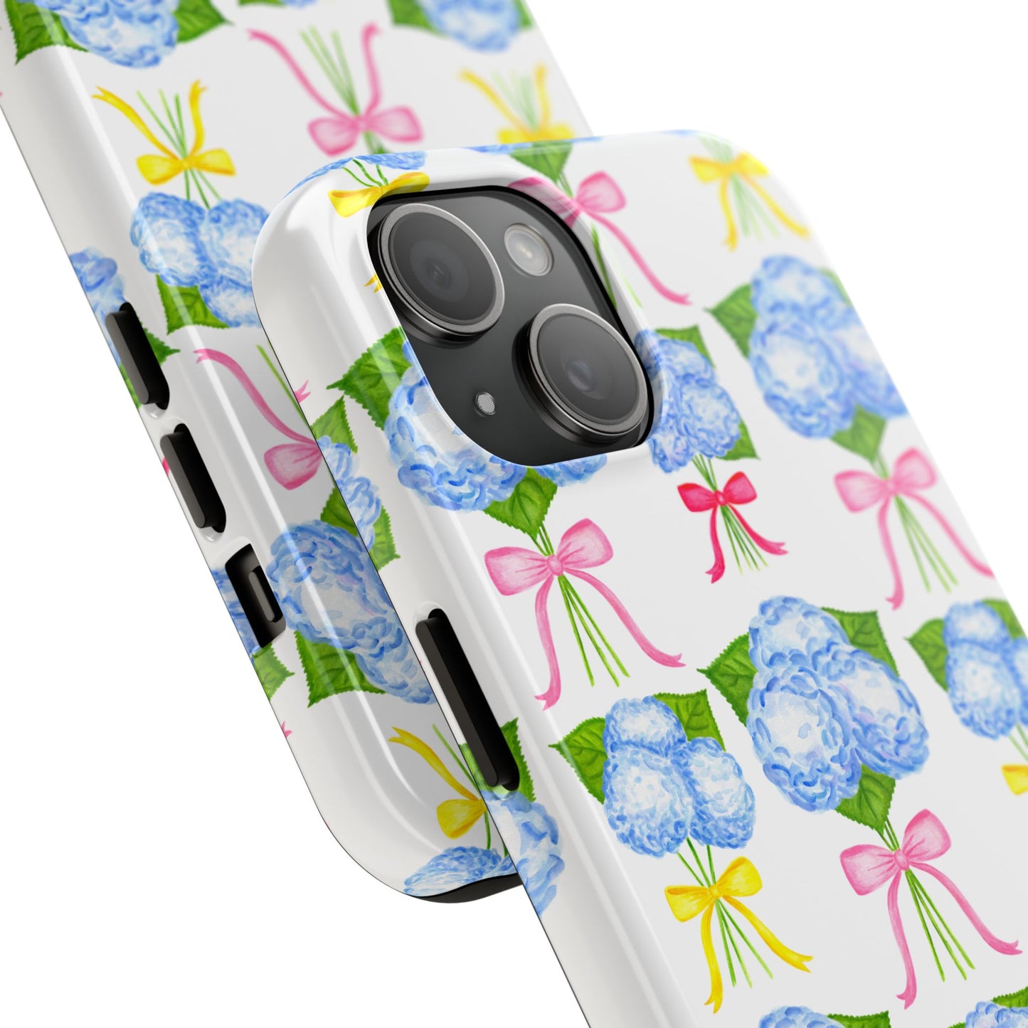 Blue Hydrangeas with Hot Pink, Yellow, Light Pink Bows Watercolor Illustrated Patterned Tough Phone Case | Various Models
