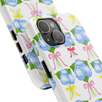 Blue Hydrangeas with Hot Pink, Yellow, Light Pink Bows Watercolor Illustrated Patterned Tough Phone Case | Various Models