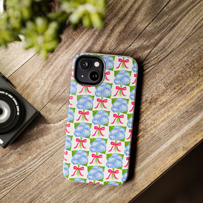 Blue Watercolor Hydrangea Bouquets with Hot Pink Bows Illustrated Patterned Tough Phone Case | Various Models