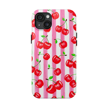Tossed Red Watercolor Cherries Illustrated Pattern Light Pink Stripes Tough Phone Case | Various Models