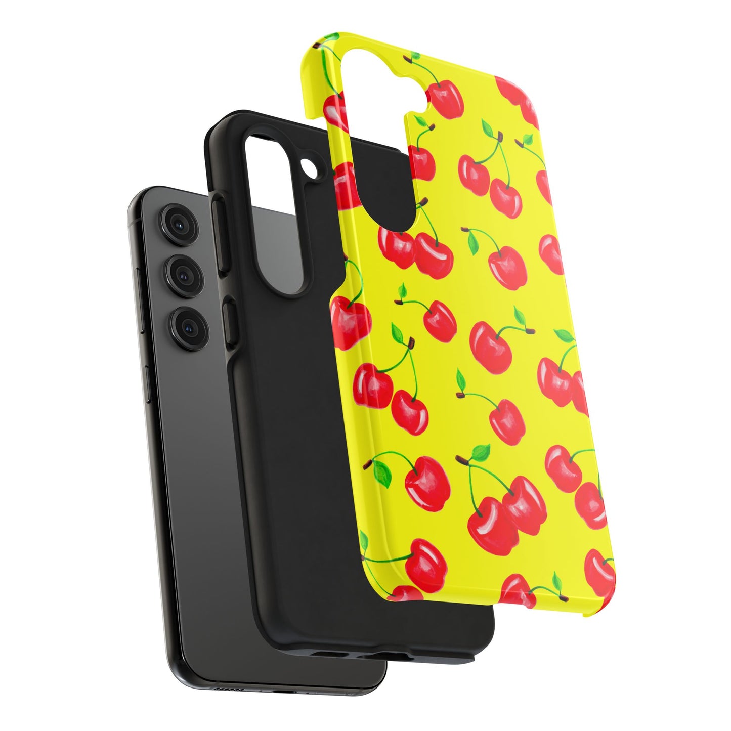 Tossed Red Watercolor Cherries Illustrated Pattern Bright Yellow Tough Phone Case | Various Models