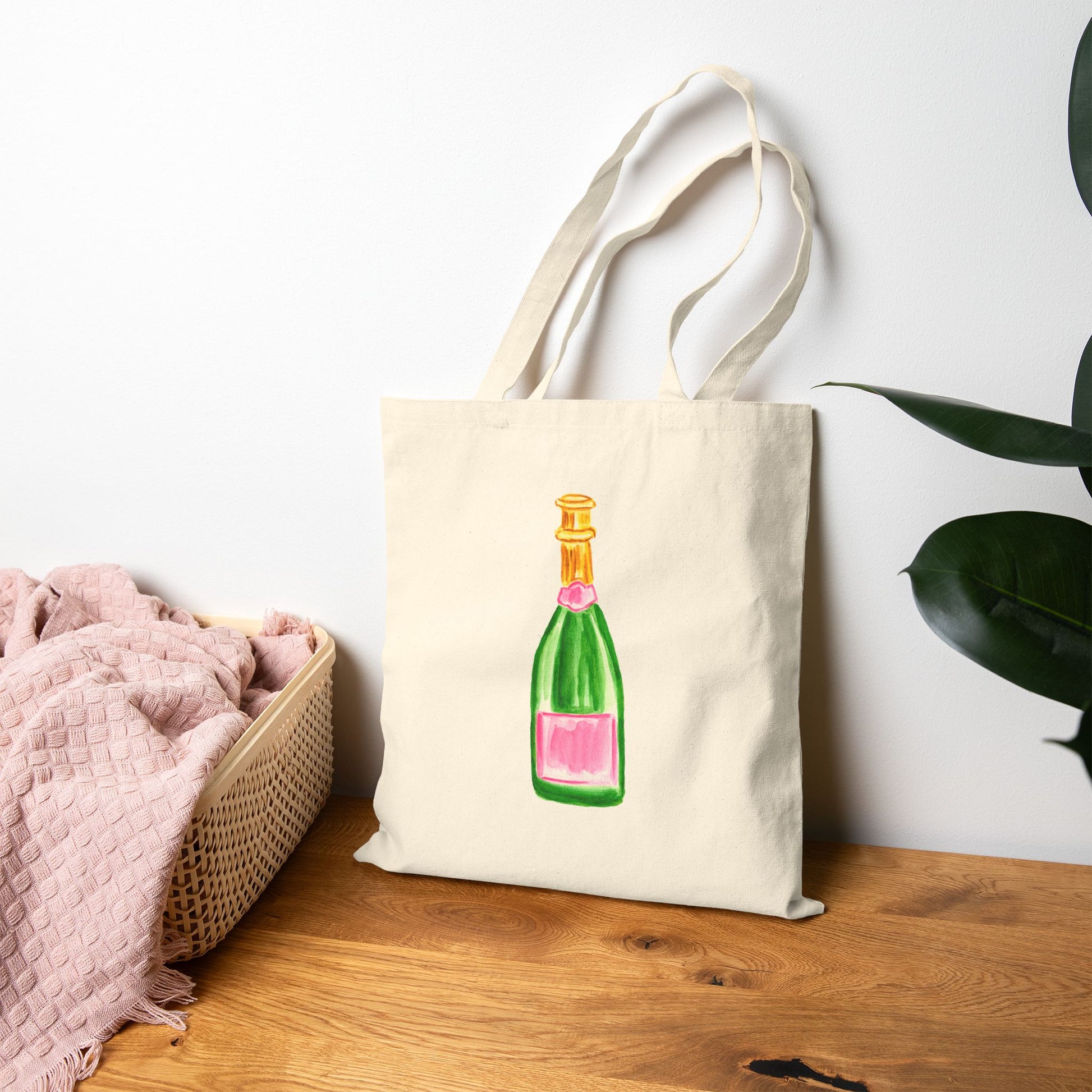 Canvas Tote | Pink & Green Watercolor Champagne Bottle Farmers Market Tote | Cocktail Bachelorette Gift Hostess Natural 15" x 16"