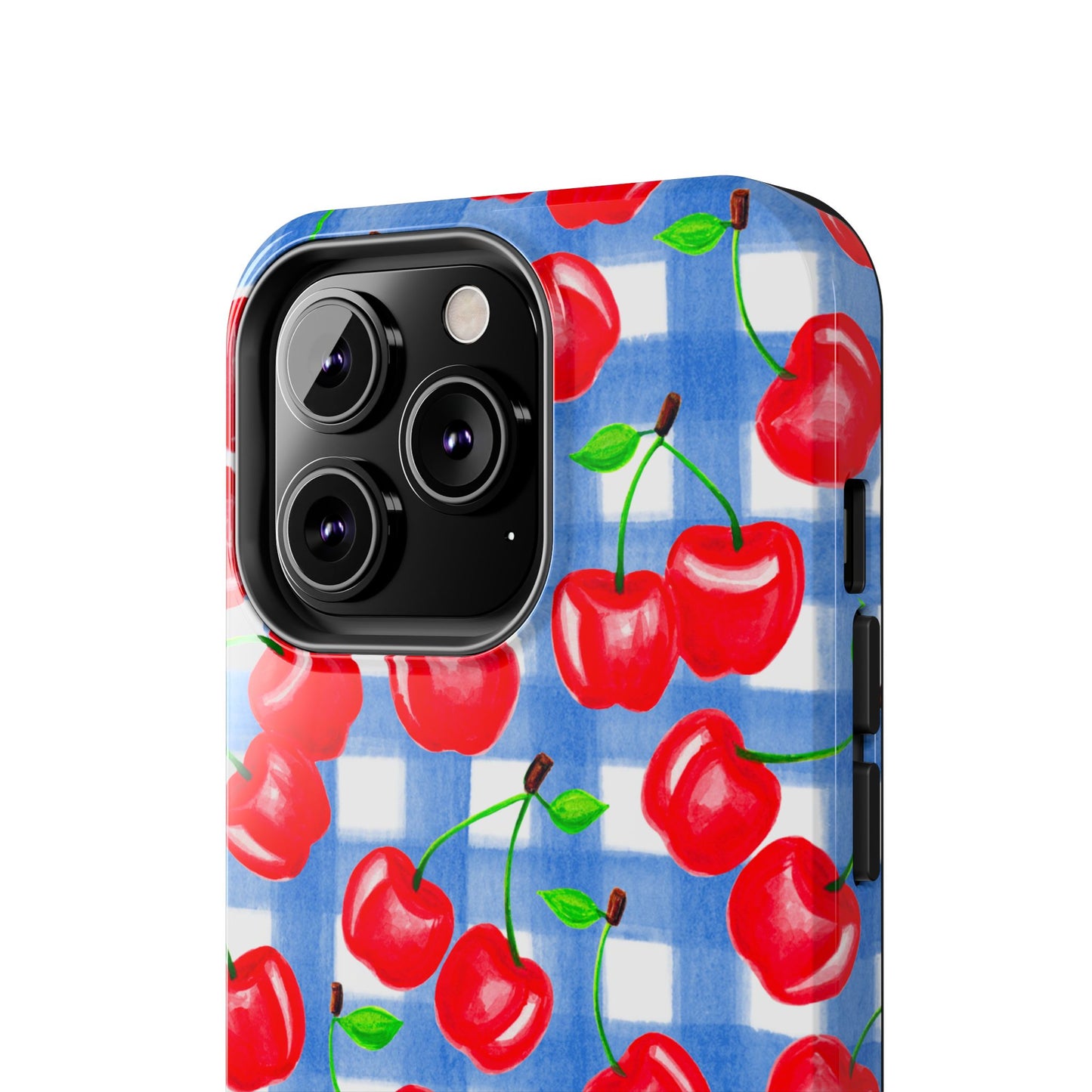 Tossed Red Cherries Blue Gingham Checkered Watercolor Illustrated Tough Phone Case | Various Models