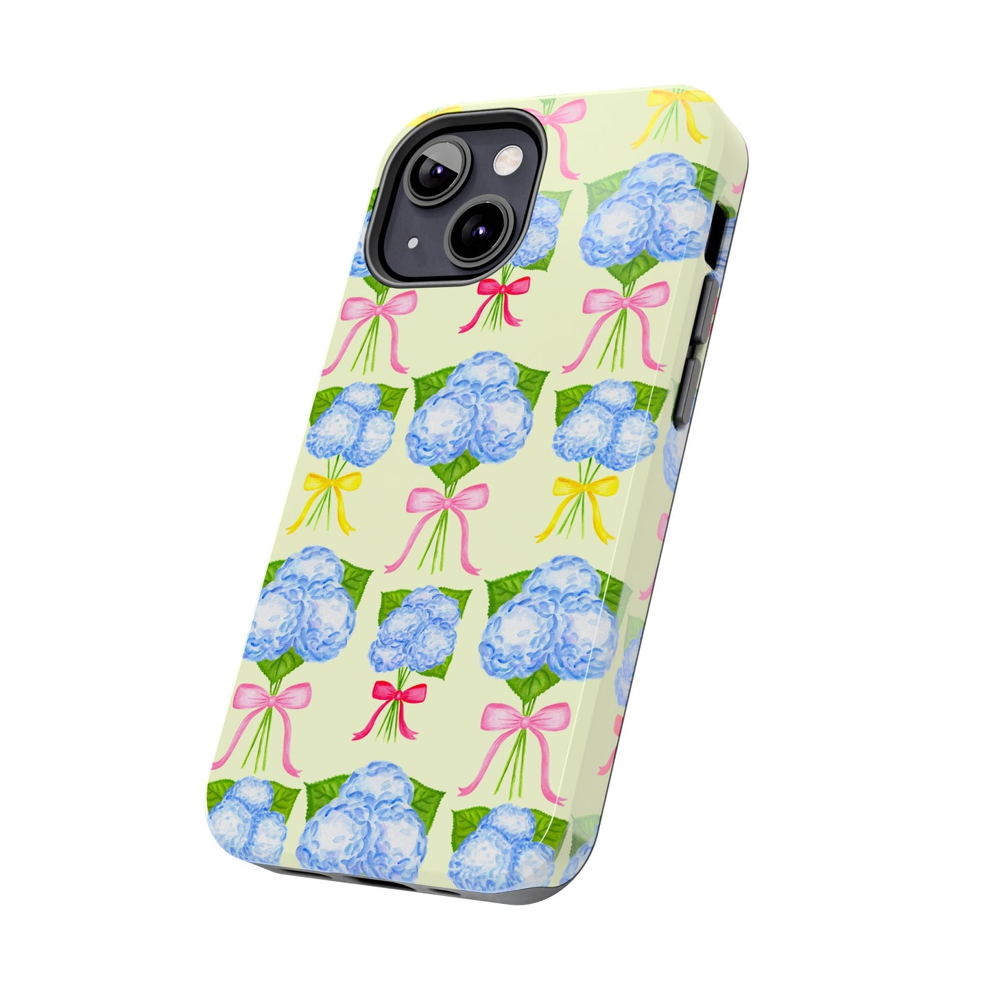 Blue Hydrangeas with Hot Pink, Yellow, Light Pink Bows Watercolor Illustrated Patterned Light Yellow Tough Phone Case | Various Models