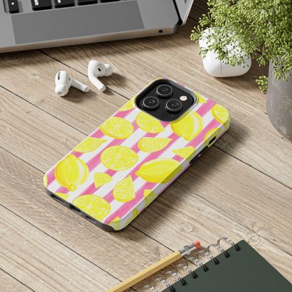 Pink Lemonade Yellow Lemons with Pink & White Watercolor Stripes Tough Phone Case