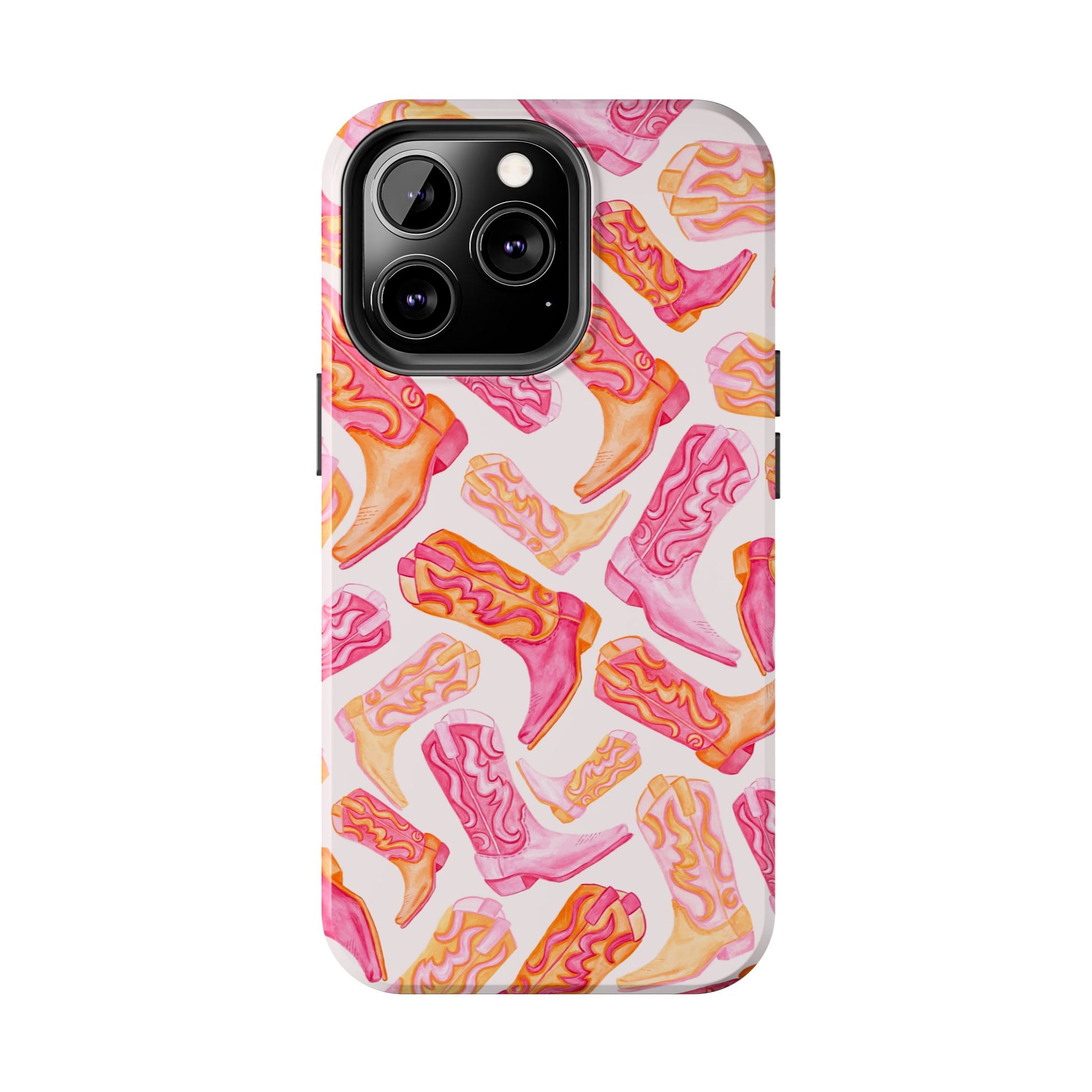 Tossed Hot Pink & Orange Watercolor Cowboy Boots Tough Light Pink Phone Case | Various Models Available