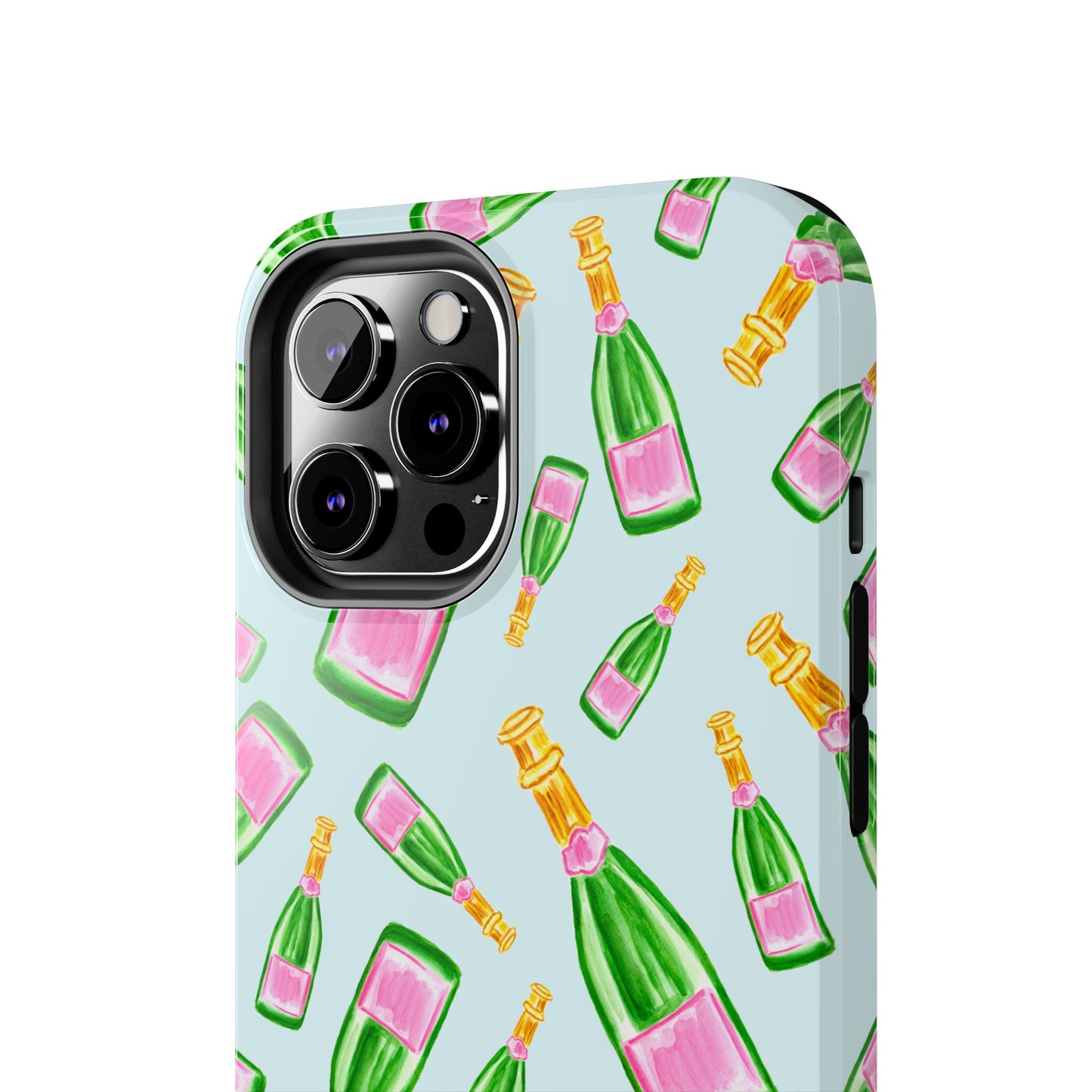 Tossed Pink and Green Watercolor Illustrated Champagne Bottles Pattern Light Blue Tough Phone Case | Various Models