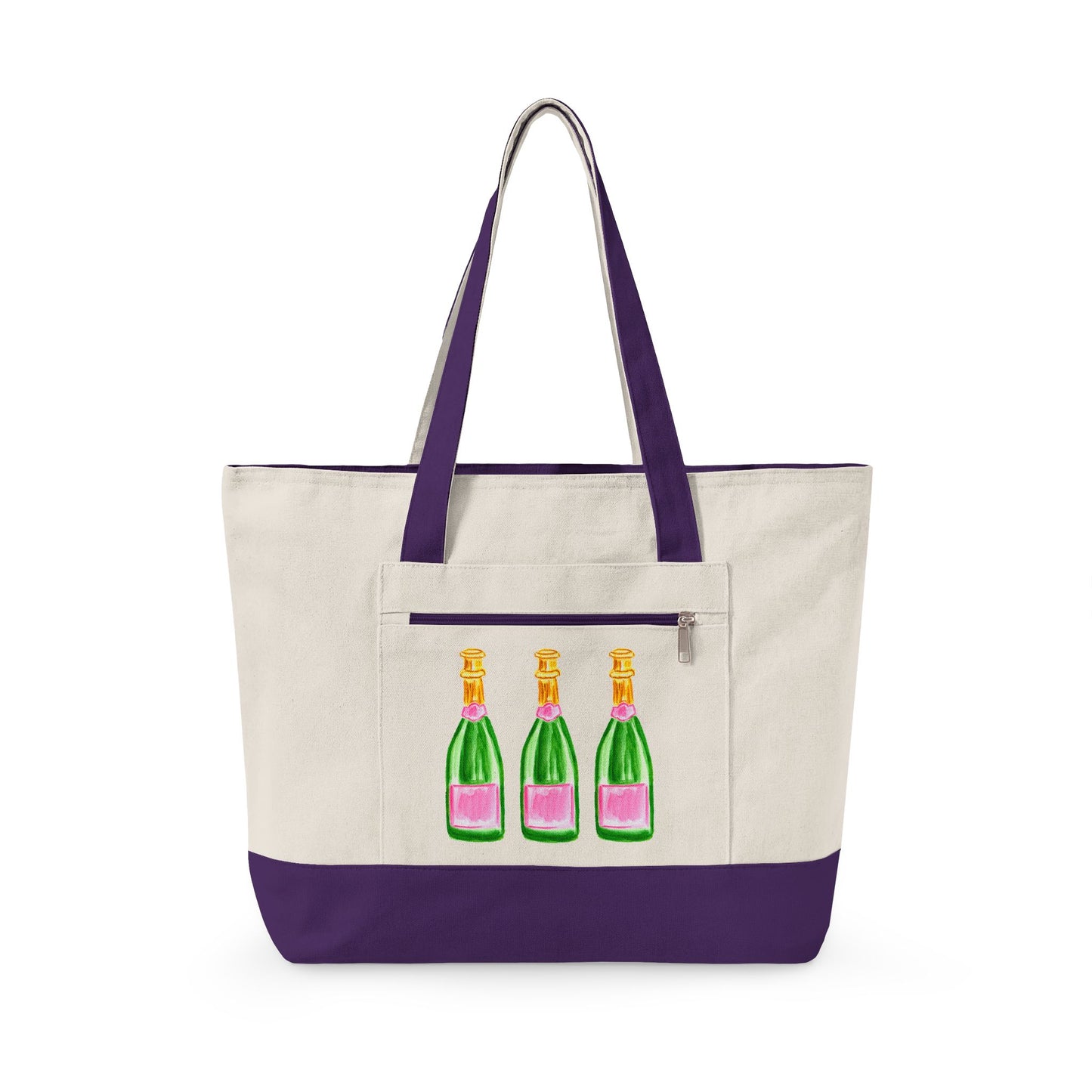 Pink & Green Champagne Bottle Trio Watercolor Printed Zippered Canvas Tote 18" x 14" | Various Colors 18" x 14" x 4.5" Natural Purple