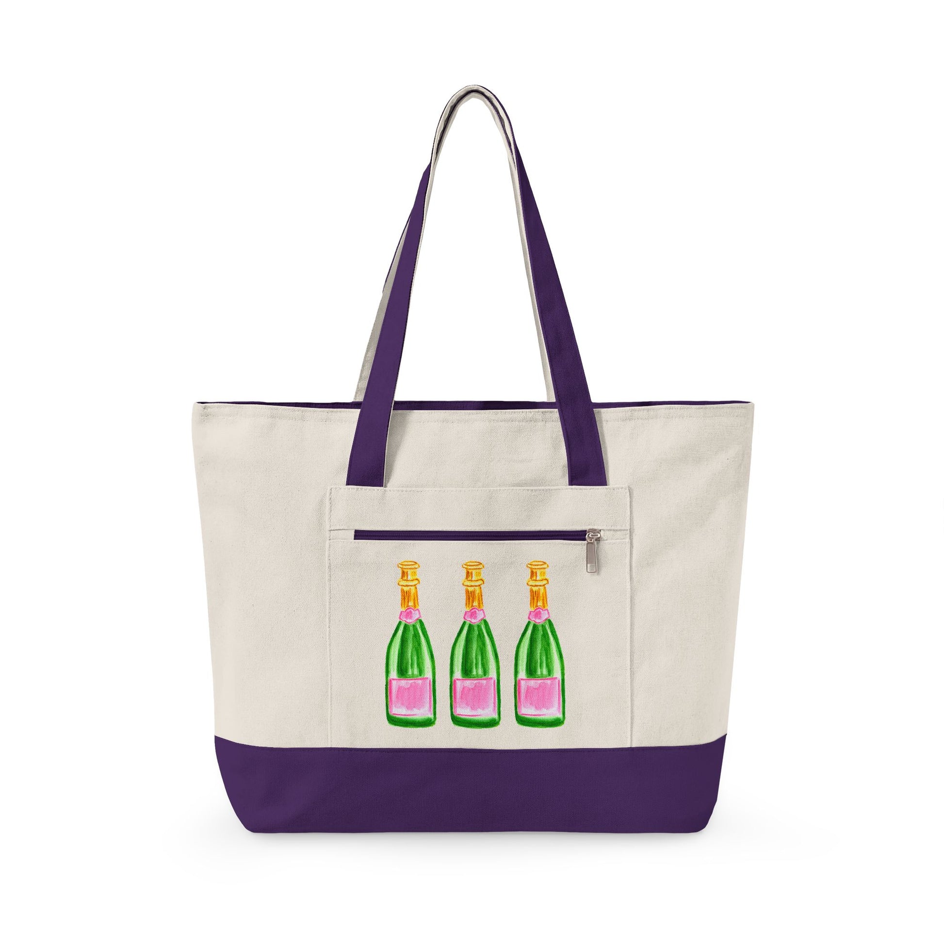 Pink & Green Champagne Bottle Trio Watercolor Printed Zippered Canvas Tote 18" x 14" | Various Colors 18" x 14" x 4.5" Natural Purple